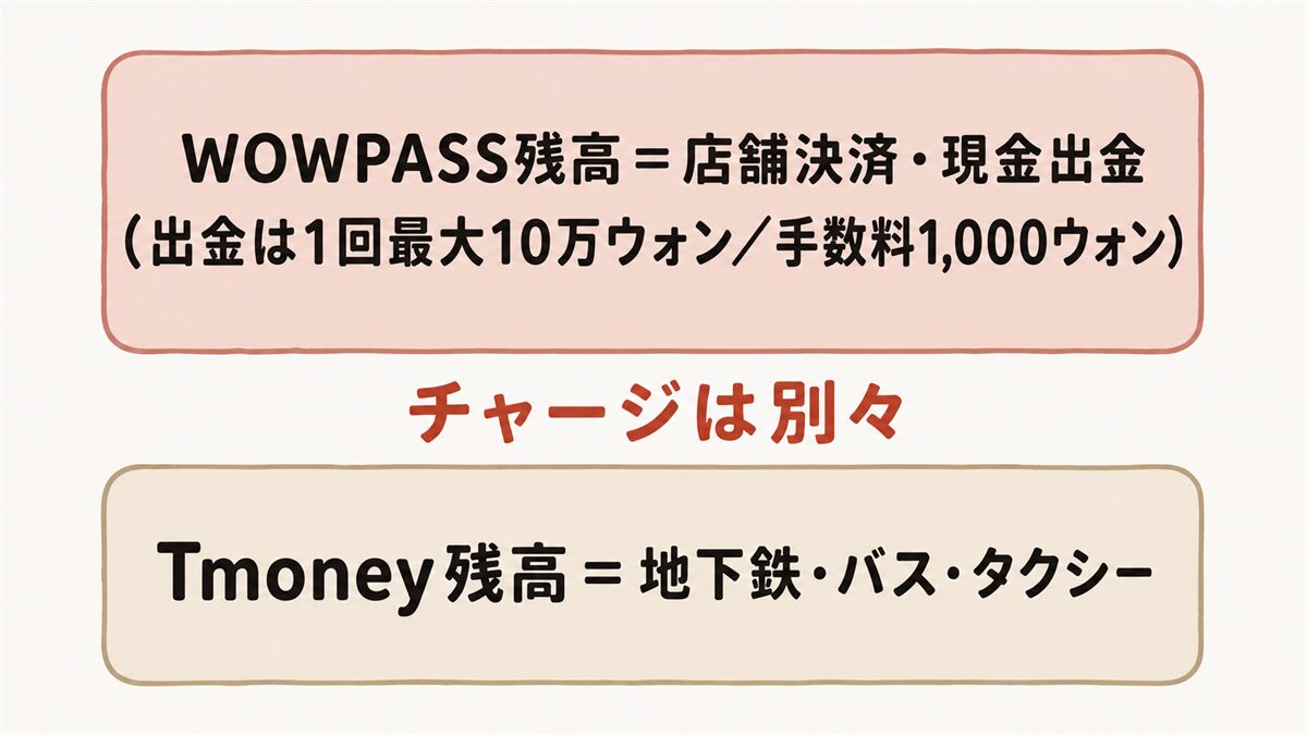 WOWPASSの残高が2層に分かれていることを示す図解。上段「WOWPASS残高＝店舗決済・現金出金（出金は1回最大10万ウォン／手数料1,000ウォン）」、下段「Tmoney残高＝地下鉄・バス・タクシー」を別々のボックスで描き、両者の間に「チャージ