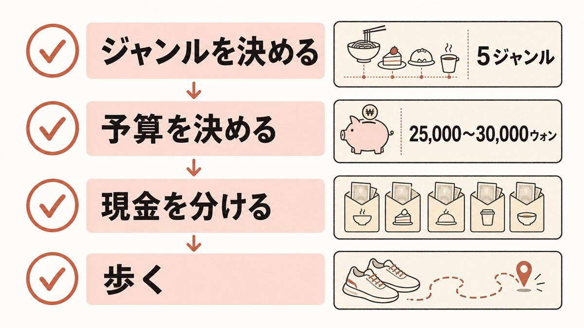 明洞グルメ攻略のまとめ4ステップ。ジャンルを決める(5ジャンル)→予算を決める(25,000〜30,000ウォン)→現金を分ける→歩く