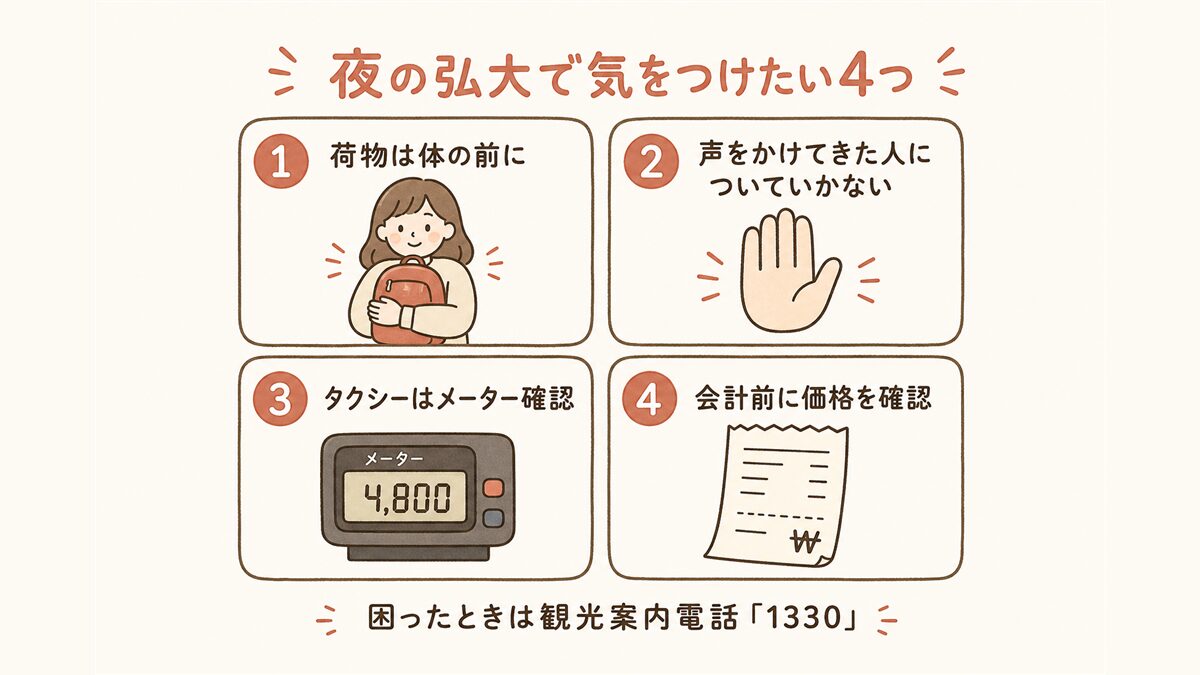夜の弘大で気をつけたい4つの注意点をまとめたチェックカード。荷物を体の前に持つ、声をかけてきた人についていかない、タクシーはメーター作動を確認する、会計前に価格を確認する、の4点を示し、相談先として観光案内電話1330を紹介している。