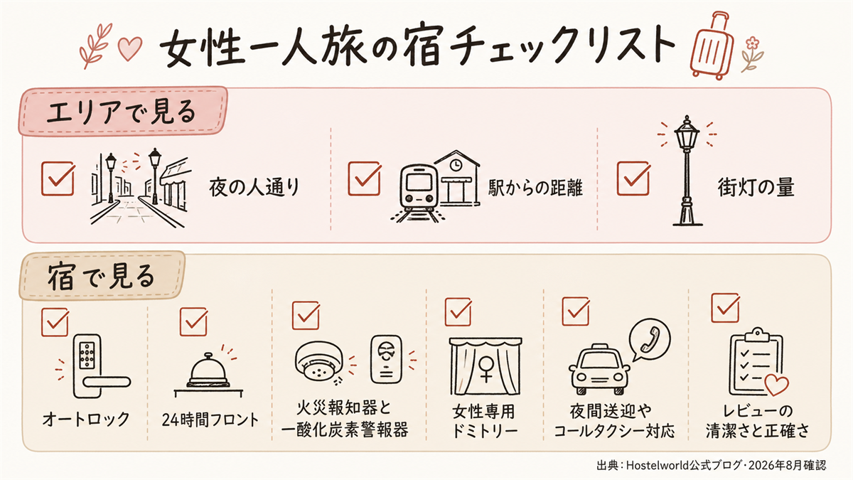 女性一人旅の宿チェックリスト図解。上段「エリアで見る」=夜の人通り・駅からの距離・街灯の量/下段「宿で見る」=オートロック、24時間フロント、火災報知器と一酸化炭素警報器、女性専用ドミトリー、夜間送迎やコールタクシー対応、レビューの清潔さと正確さ。右