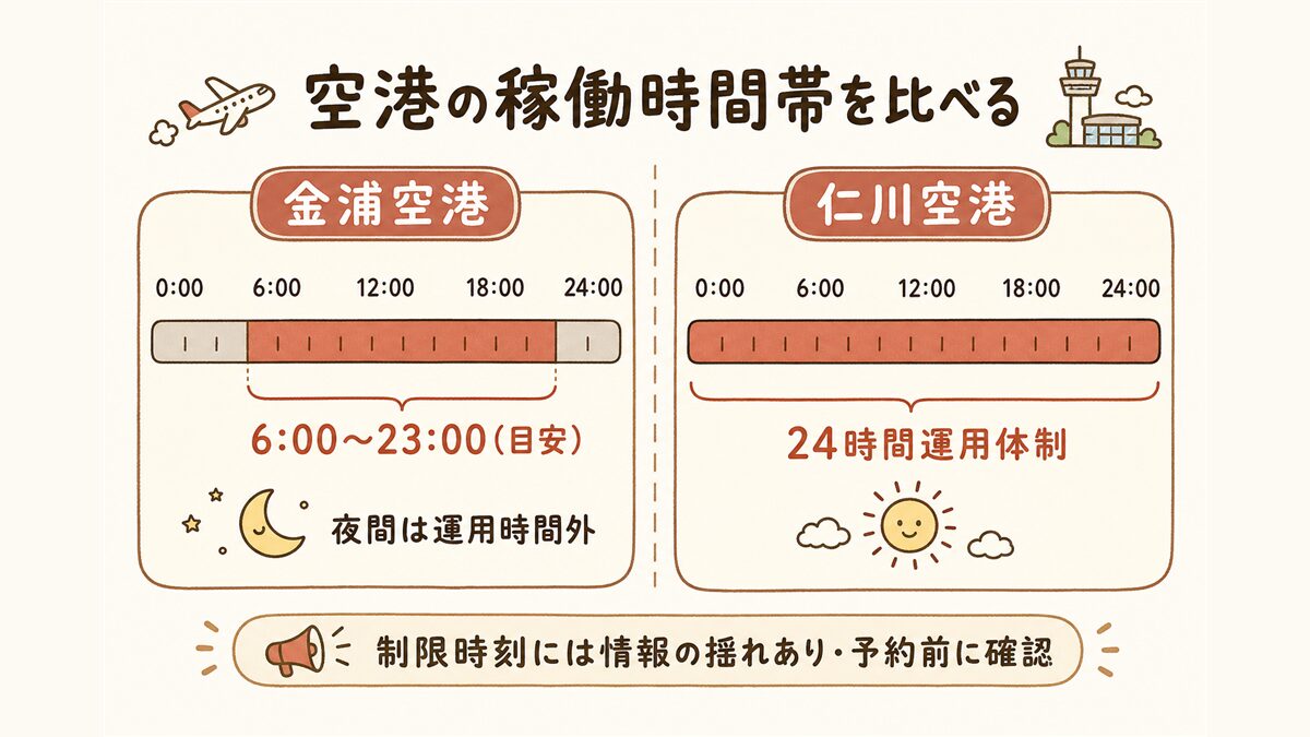 金浦空港と仁川空港の稼働時間帯を左右で比較する図。金浦は6時から23時まで(目安)の運用で夜間は運用時間外となるのに対し、仁川は24時間運用体制であることを示し、制限時刻には情報の揺れがあるため予約前の確認を促している。