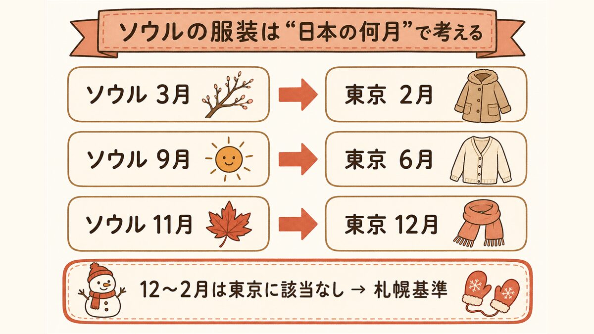 ソウルの服装を「日本の何月」に変換する早見図。ソウル3月＝東京2月、ソウル9月＝東京6月、ソウル11月＝東京12月。12〜2月は東京に該当する月がなく札幌基準