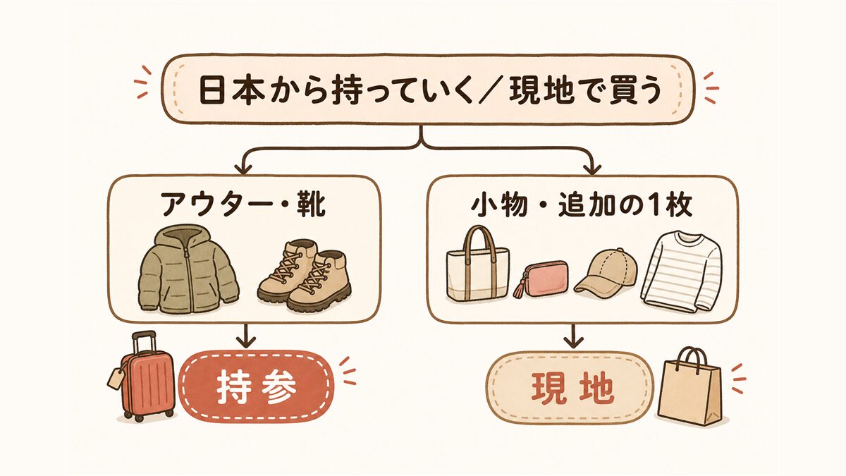日本から持っていくものと現地で買うものの振り分けチャート。アウター・靴は持参、小物や追加の1枚は現地で調達