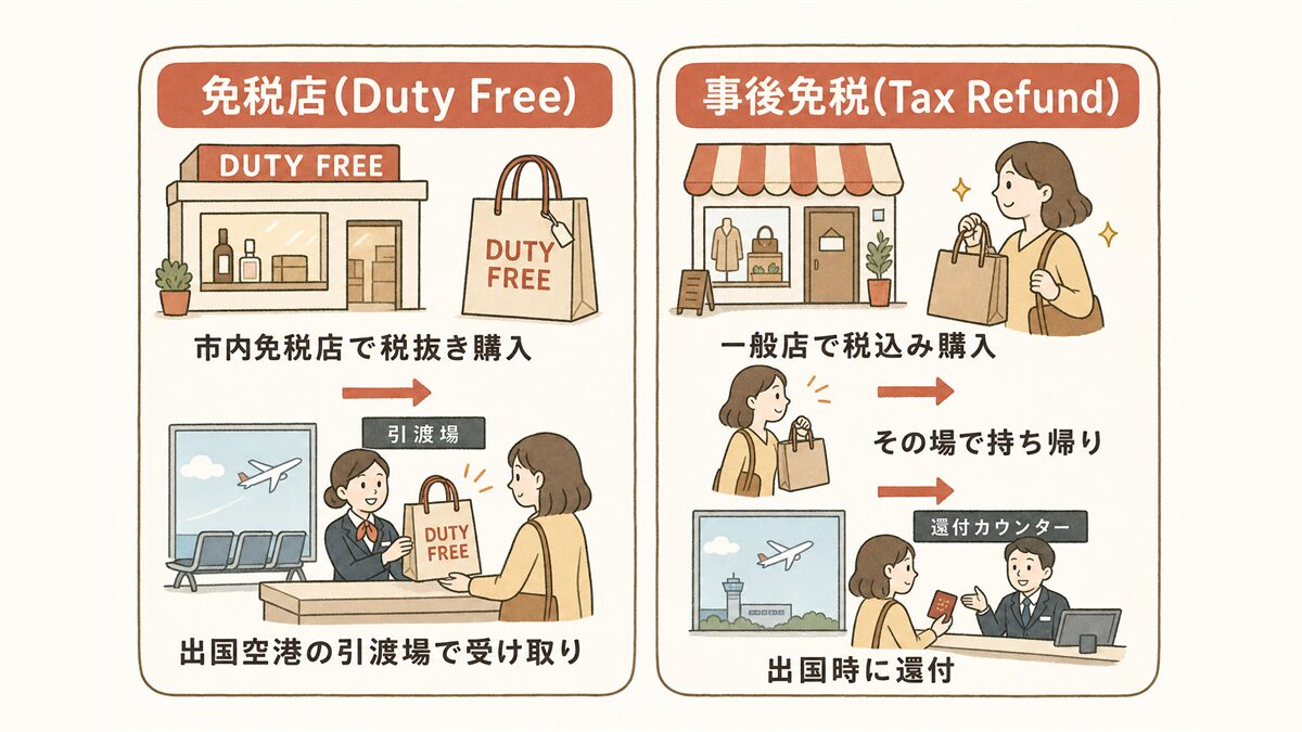 免税店（Duty Free）と事後免税（Tax Refund）の違いの対比図。左は市内免税店で税抜き購入し出国空港の引渡場で受け取り、右は一般店で税込み購入しその場で持ち帰って出国時に還付