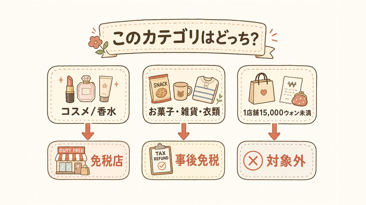 カテゴリ別の使い分け図。コスメ・香水は免税店、お菓子・雑貨・衣類は事後免税、1店舗15,000ウォン未満は対象外