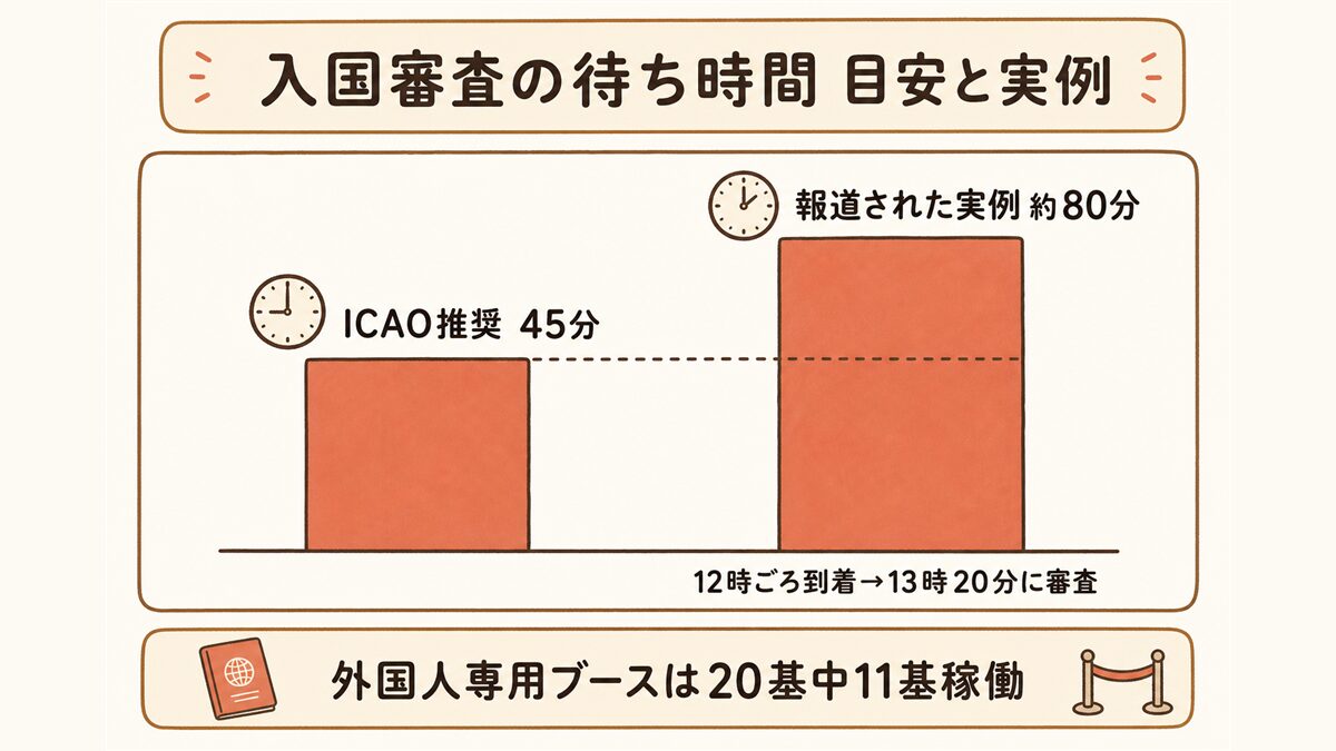 仁川空港の入国審査の待ち時間を比較する棒グラフ。ICAOが推奨する45分に対し、2026年7月31日に報道された実例では到着から審査まで約80分かかったことを示し、外国人専用ブースは20基中11基稼働だったと注記している。