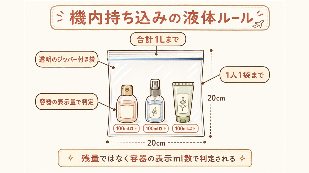透明なジッパー付き袋に100ml以下のミニボトルを入れた図解。20cm×20cmの袋を1人1袋・合計1Lまでという機内持ち込み液体ルールと、残量でなく容器の表示量で判定される点を示す。
