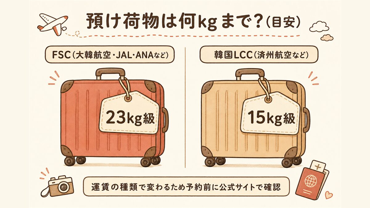 FSC系(大韓航空・JAL・ANAなど)は23kg級、韓国LCC(済州航空など)は15kg級という、預け荷物無料枠の目安をスーツケースのイラストで左右比較した図解。運賃種別で変わる点も注記。