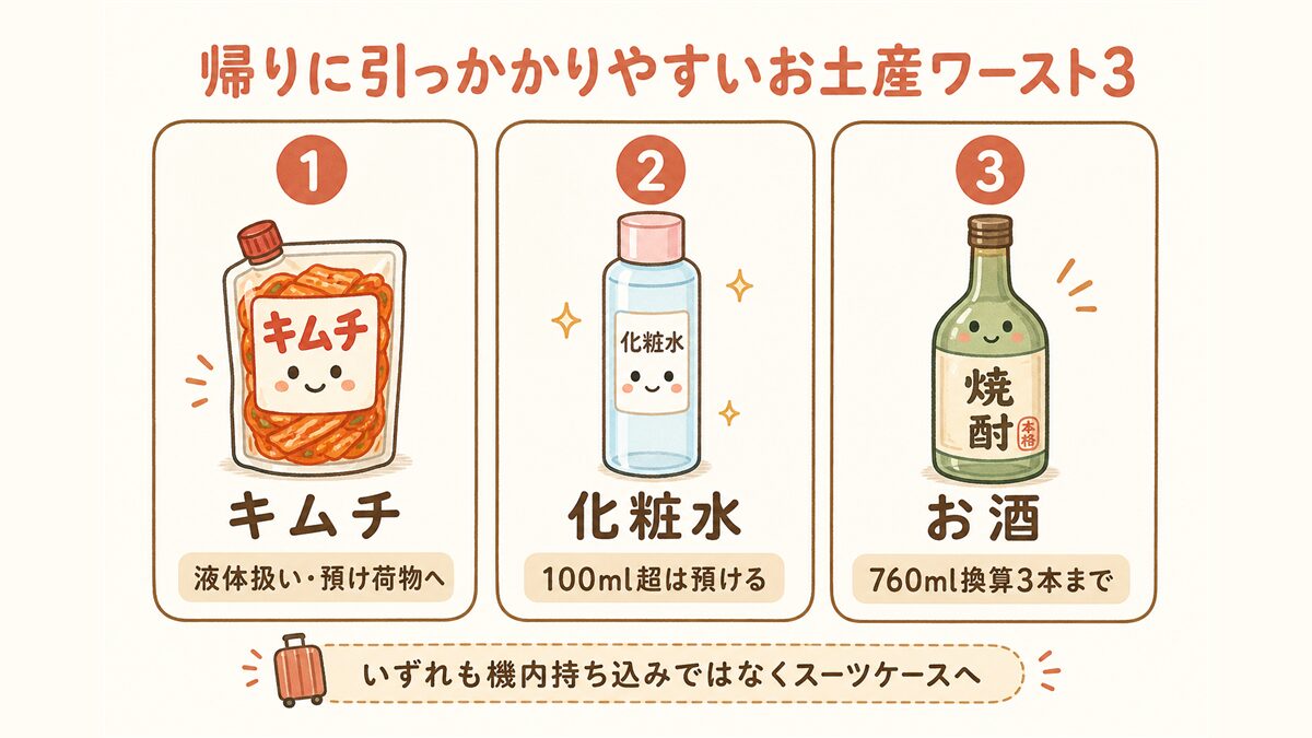 帰りの空港で止められやすいお土産ワースト3(キムチ・化粧水・お酒)を、それぞれの扱い方(液体扱い・100ml超は預ける・免税は760ml換算3本まで)とともに早見表風に並べた図解。