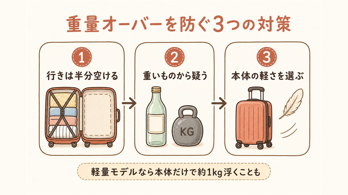 重量オーバーを防ぐ3つの対策(行きは半分空ける→重いものから疑う→本体の軽さを選ぶ)を横並びの手順図で示した図解。軽量スーツケースなら本体だけで約1kg浮く場合がある点を注記。