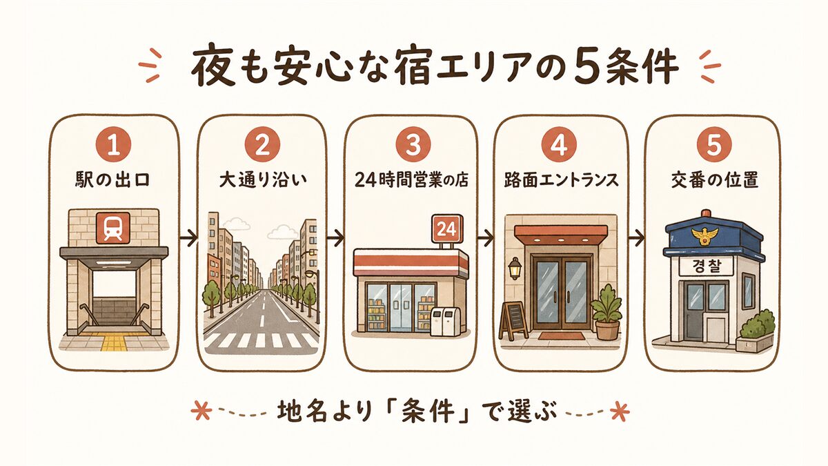夜も安心な宿エリアを選ぶ5条件(駅の出口→大通り沿い→24時間営業の店→路面エントランス→交番の位置)を一本道の順路イラストで示した図解。地名ではなく条件で選ぶことを注記。