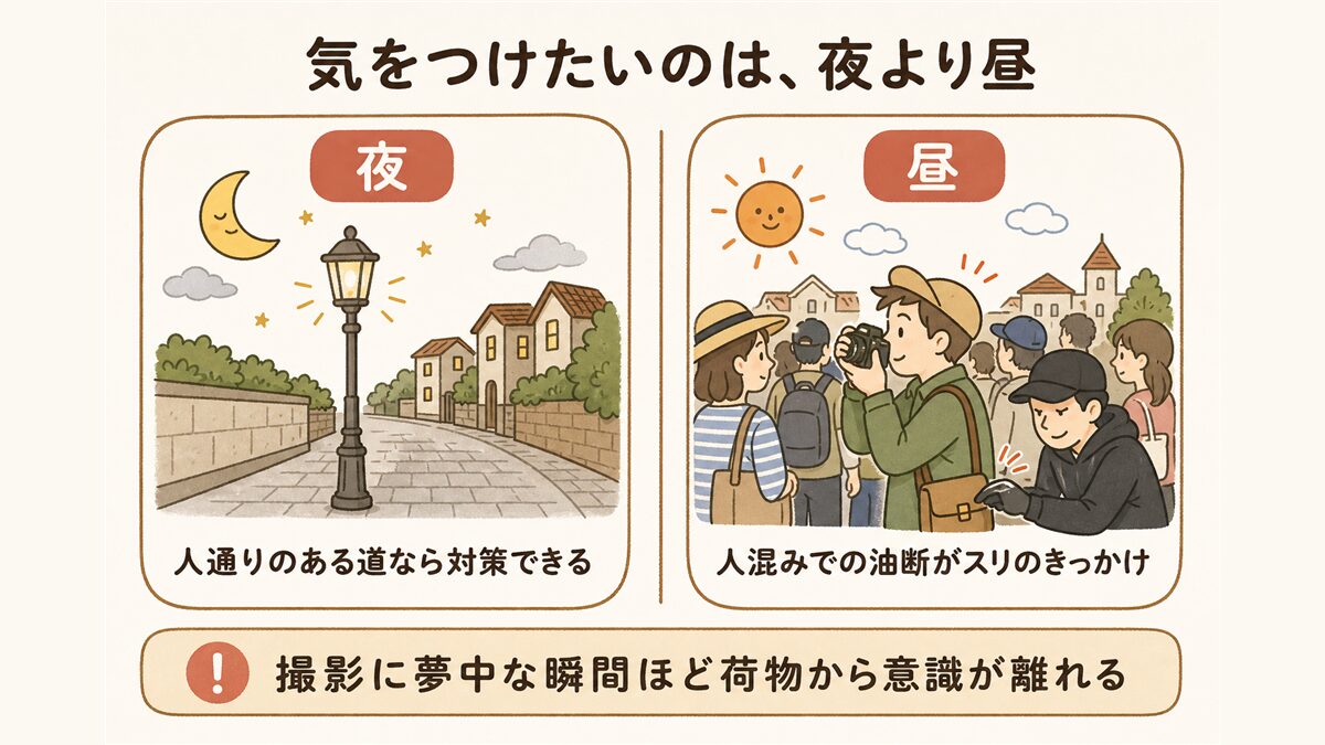 「夜が怖い」より気をつけたいのは日中の油断というこの記事の視点を、夜(人通りのある道なら対策できる)と昼(人混みでの油断がスリのきっかけ)の左右比較で示した図解。
