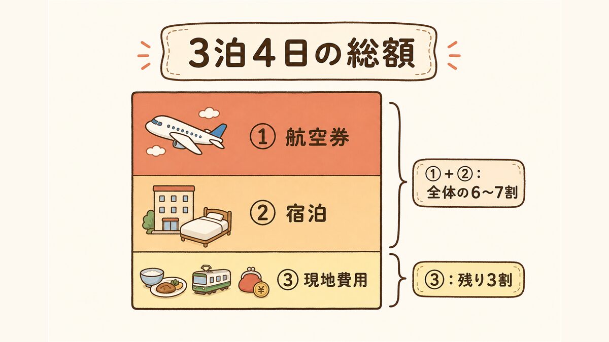 3泊4日の総額の内訳を示す積み上げ図。①航空券と②宿泊で全体の6〜7割程度、③現地費用が残り3割を占める