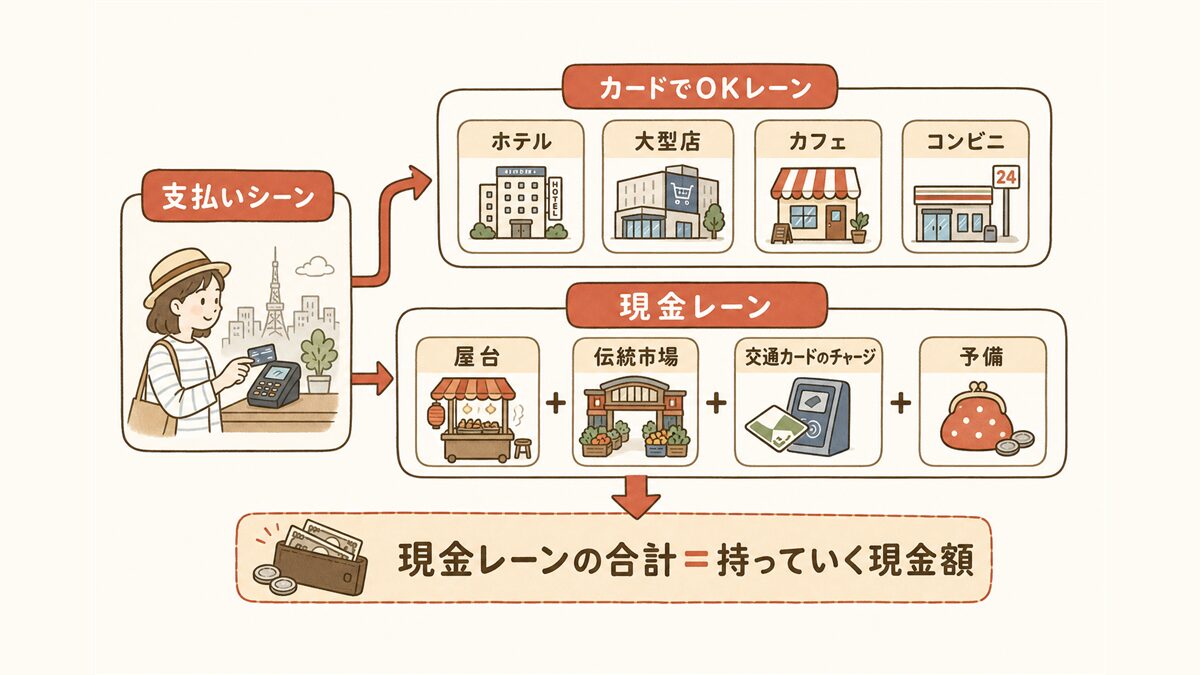 持っていく現金額を逆算するフロー図。カードでOKレーン（ホテル・大型店・カフェ・コンビニ）と現金レーン（屋台・伝統市場・交通カードのチャージ・予備）に分かれ、現金レーンの合計が持参する現金額になる
