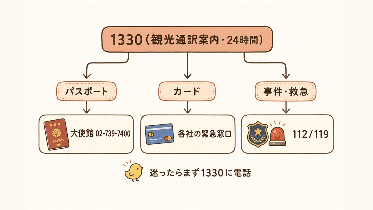 困ったときにまず電話すべき「1330(観光通訳案内・24時間)」を中心に、パスポート紛失は大使館(02-739-7400)、カード紛失は各社緊急窓口、事件・事故は112/119へとつながる分岐図。