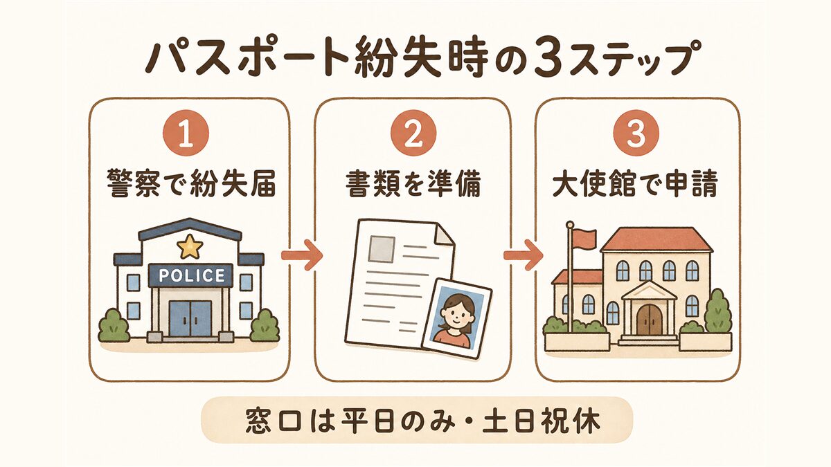 パスポートを紛失した際の手続きを「警察で紛失届→書類を準備→大使館で申請」の3ステップで示した図解。窓口が平日のみで土日祝は休みである点を注記。