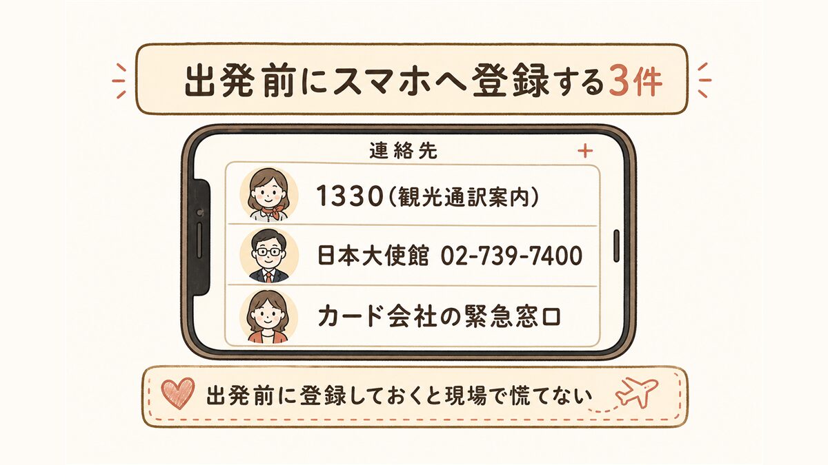 出発前にスマホの連絡先へ登録しておきたい3件(1330・日本大使館02-739-7400・カード会社の緊急窓口)を、スマホの連絡先画面風に示した図解。