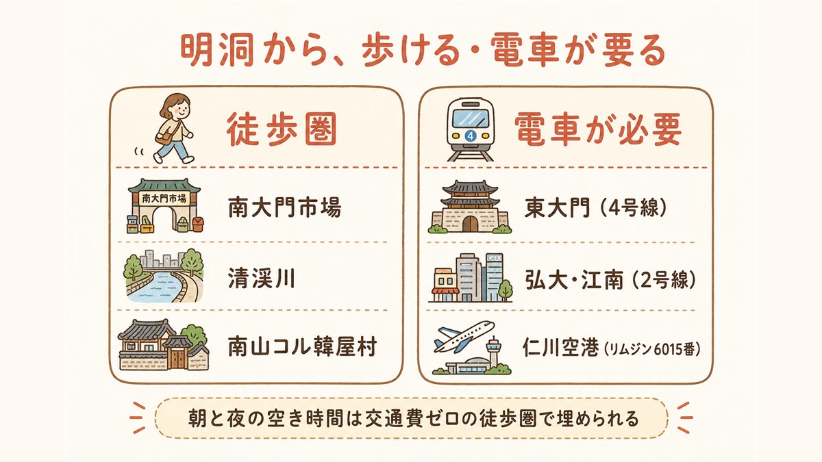 明洞から徒歩圏の行き先(南大門市場・清渓川・南山コル韓屋村)と、電車が必要な行き先(東大門4号線・弘大江南2号線・仁川空港リムジン6015番)を左右に比較した図解。