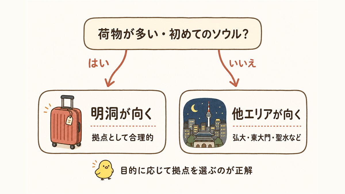 「荷物が多い・初めてのソウルか」を起点にした判定フローチャート。はいなら拠点として明洞が向き、いいえなら弘大・東大門・聖水など目的に応じた他エリアが向くことを示している。