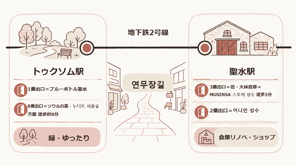 聖水洞2ゾーンの位置関係マップ図。地下鉄2号線を横軸に、左に「トゥクソム駅（1番出口＝ブルーボトル聖水／8番出口＝ソウルの森・누디트 서울숲 方面 徒歩約6分）」、右に「聖水駅（3番出口＝旧・大林倉庫＝MUSINSA 스토어 성수 徒歩3分／2番出口