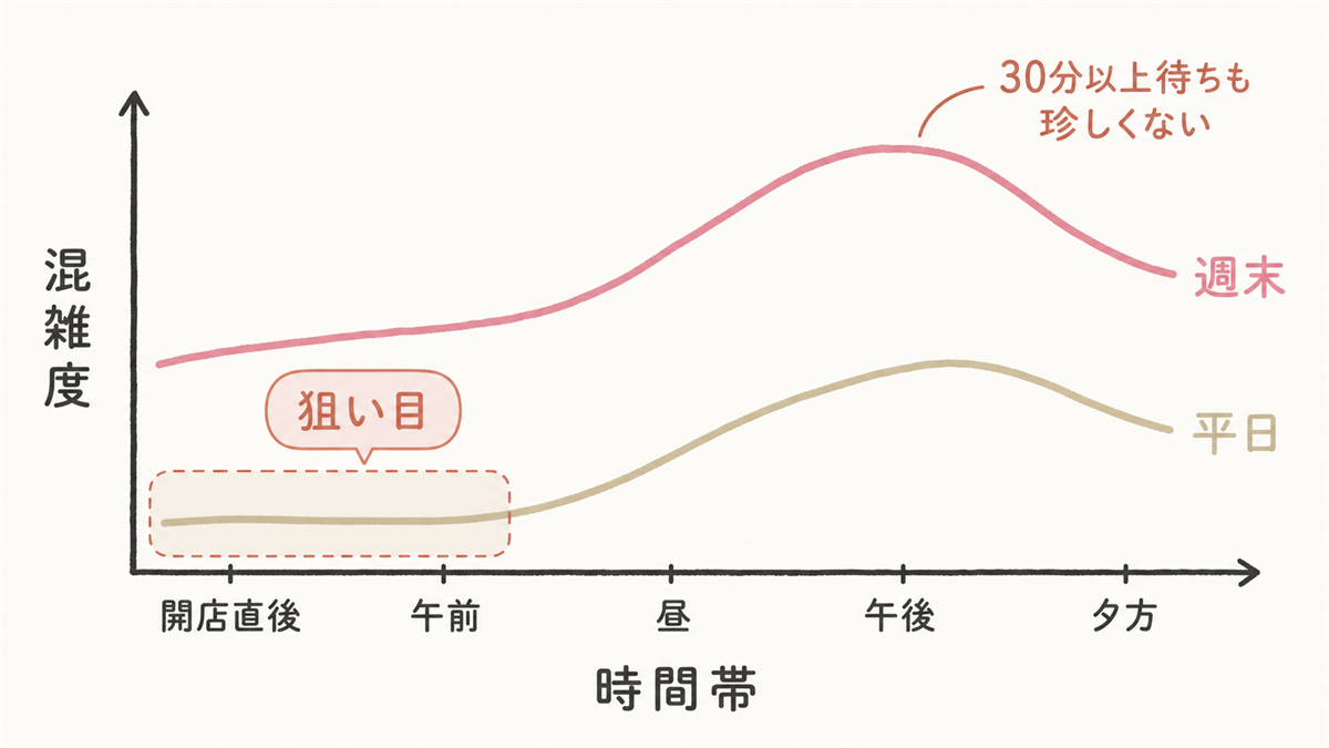 聖水洞カフェ巡りの混雑タイムライン図。横軸に時間帯（開店直後／午前／昼／午後／夕方）、縦軸に混雑度を取り、「平日」と「週末」の2本の折れ線で比較。平日午前・オープン直後を「狙い目」として強調し、週末の午後に「30分以上待ちも珍しくない」の注記を入れる