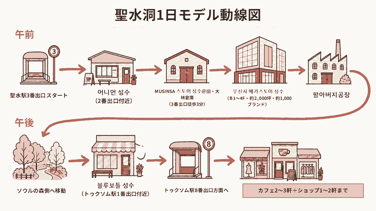 聖水洞1日モデル動線図。「午前：聖水駅3番出口スタート → 어니언 성수（2番出口付近）→ MUSINSA 스토어 성수＠旧・大林倉庫（3番出口徒歩3分）→ 무신사 메가스토어 성수（B1〜4F・約2,000坪・約1,000ブランド）→ 할아버지공장