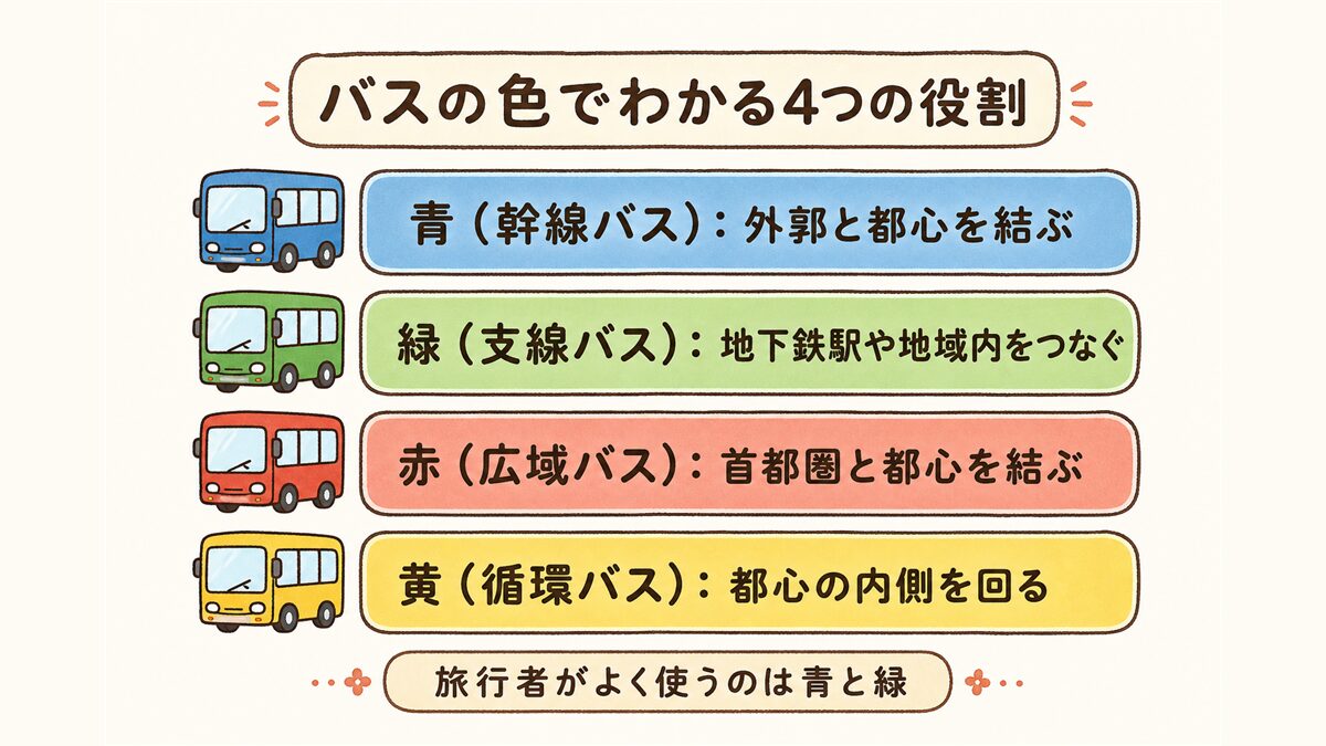 ソウル市内バスの色分けを示す早見表。青は幹線バスで外郭と都心を結び、緑は支線バスで地下鉄駅や地域内をつなぎ、赤は広域バスで首都圏と都心を結び、黄は循環バスで都心内を回ることを色別に整理した図。
