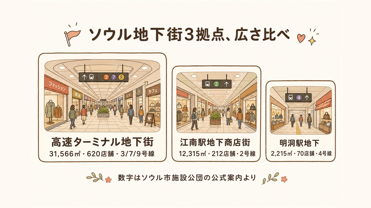 ソウルの地下街3拠点(高速ターミナル31,566㎡・620店舗、江南駅12,315㎡・212店舗、明洞駅2,215㎡・70店舗)の規模を四角形の大きさで比較した早見図。直結する地下鉄路線も併記。
