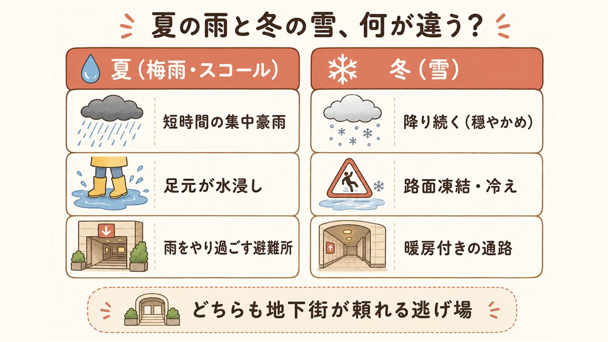 夏(梅雨・スコール)と冬(雪)の違いを2列で比較した図解。降り方(集中豪雨/穏やかめの降雪)、足元の悩み(水浸し/凍結)、地下街の役割(避難所/暖房付き通路)を左右に対比している。