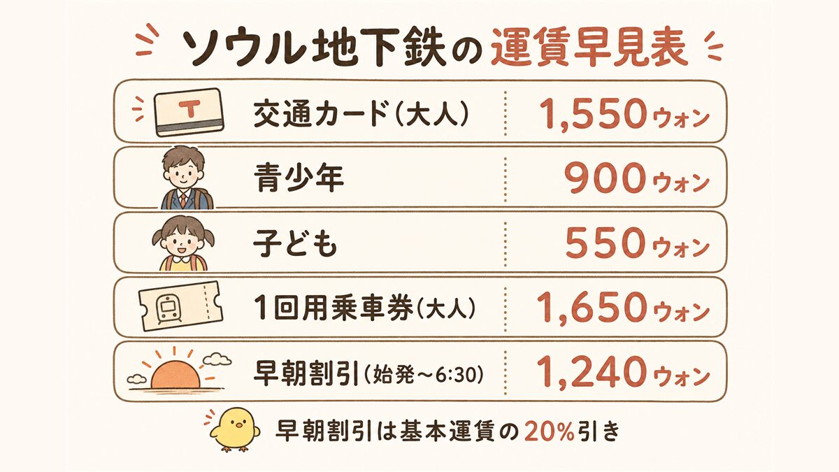 ソウル地下鉄の運賃を一覧にした早見表。交通カードの大人運賃1,550ウォン、青少年900ウォン、子ども550ウォン、1回用乗車券1,650ウォン、始発から6時30分までの早朝割引1,240ウォンを示す。
