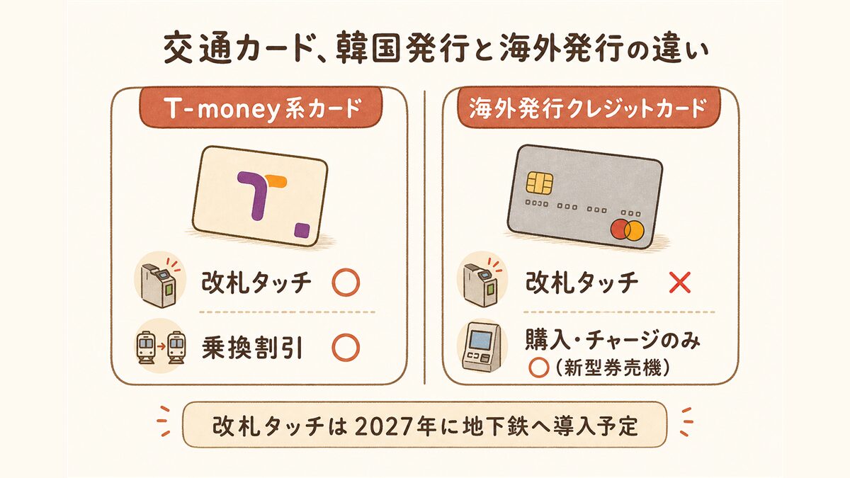 地下鉄の交通カードを韓国発行と海外発行で比較する図。T-money系カードは改札タッチも乗換割引もできるが、海外発行クレジットカードは新型券売機での購入・チャージのみで、改札タッチは2027年導入予定であることを示す。