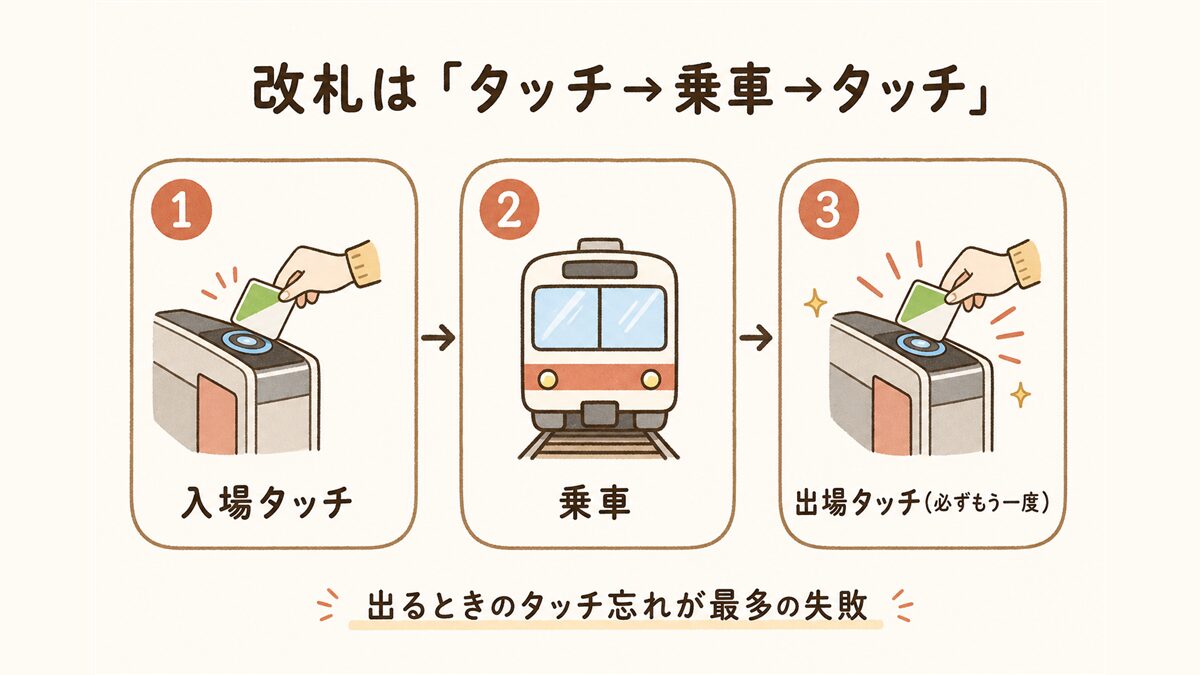 ソウル地下鉄の改札の通り方を示す3ステップ図。入場時にタッチし、乗車し、出るときも必ずもう一度タッチすることを示し、出場時のタッチ忘れが最も多い失敗であると注記している。