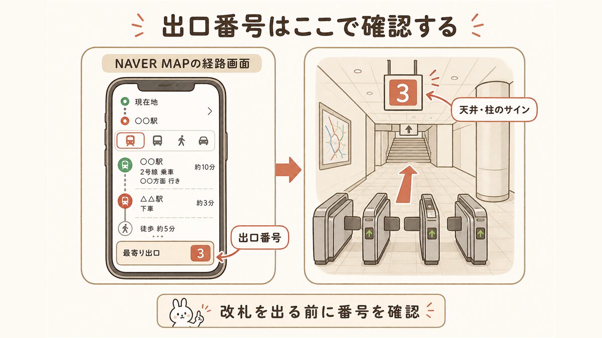 地下鉄の出口番号をどこで確認するかを示す構造図。NAVER MAPの経路結果画面に出口番号が表示されること、駅構内では天井や柱のサインで出口番号を確認できることを示し、改札を出る前に番号を確認する重要性を伝える。