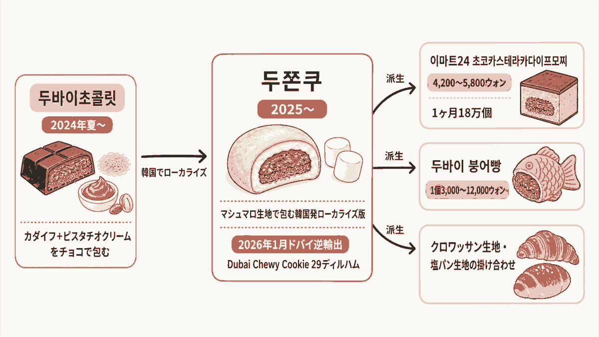系譜フローチャート図解。左に「두바이초콜릿(2024年夏〜・カダイフ+ピスタチオクリームをチョコで包む)」、中央に「두쫀쿠(2025〜・マシュマロ生地で包む韓国発ローカライズ版/2026年1月ドバイ逆輸出 Dubai Chewy Cookie 29デ