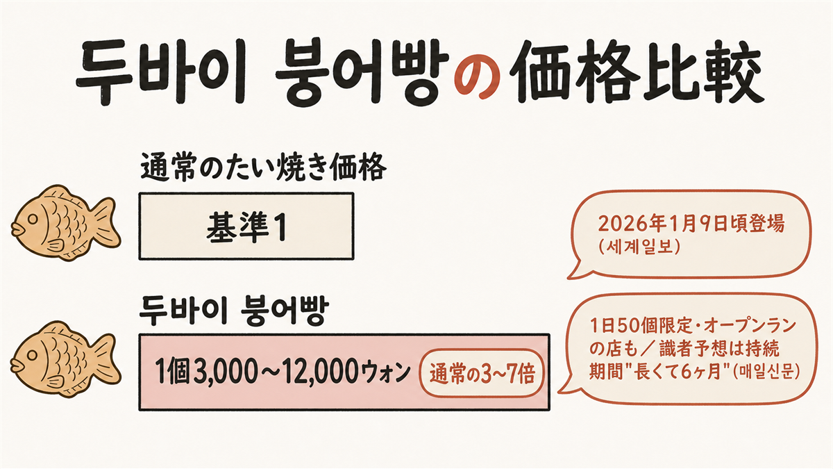 두바이 붕어빵の価格比較図解。通常のたい焼き価格を基準1として、두바이 붕어빵の1個3,000〜12,000ウォン(通常の3〜7倍)をバーで対比。横に「2026年1月9日頃登場(세계일보)」「1日50個限定・オープンランの店も/識者予想は持続期間"長