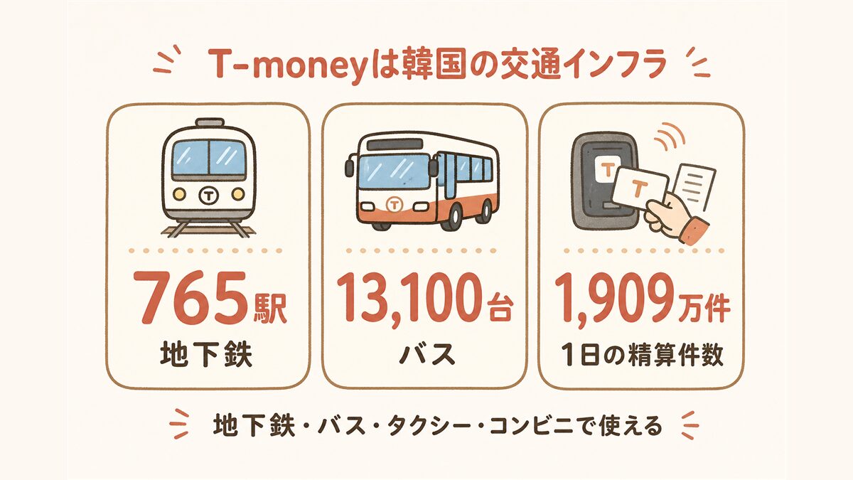 T-moneyの利用規模を示す早見図。地下鉄765駅・バス13,100台で使え、1日平均1,909万件の精算が行われていることを3つの数字カードで表す。地下鉄・バス・タクシー・コンビニで使える点も注記。