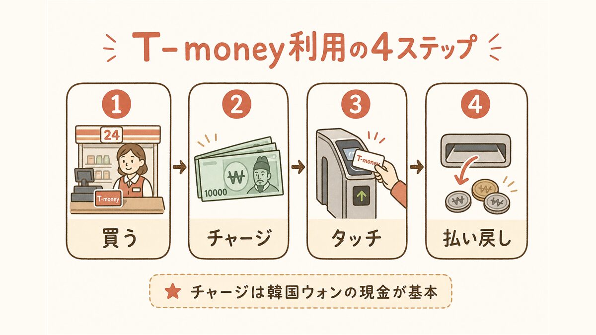 T-moneyを使う流れを「買う→チャージ→タッチ→払い戻し」の4ステップとして横並びに示したフロー図。チャージは韓国ウォンの現金が基本である点を注記。