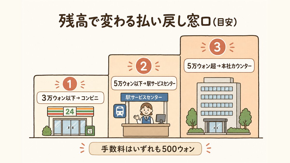 WOWPASSに内蔵されたT-money残高の払い戻しは、残高が上がるほど窓口も変わることを階段状に示した図解。3万ウォン以下はコンビニ、5万ウォン以下は駅サービスセンター、5万ウォン超は本社カウンターが目安。手数料500ウォンも付記。