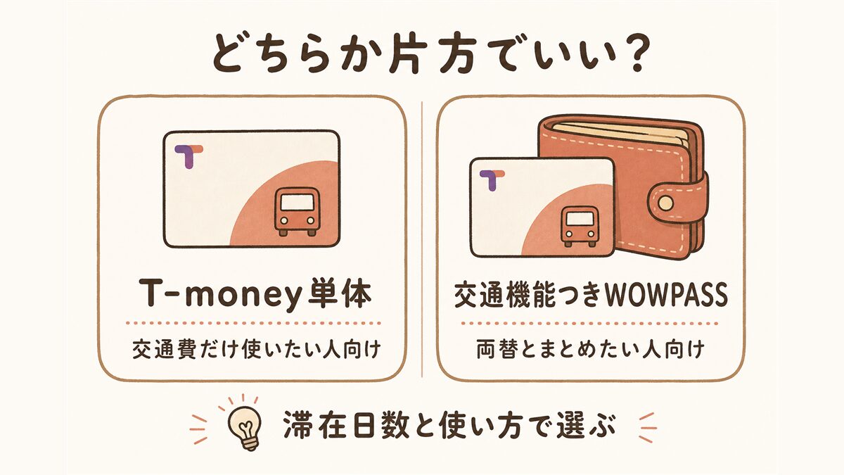 T-money単体と交通機能つきWOWPASSのどちらを選ぶかを左右比較した図解。交通費だけ使いたい人はT-money単体、両替とカードをまとめたい人はWOWPASSが向いているという記事の整理を示す。