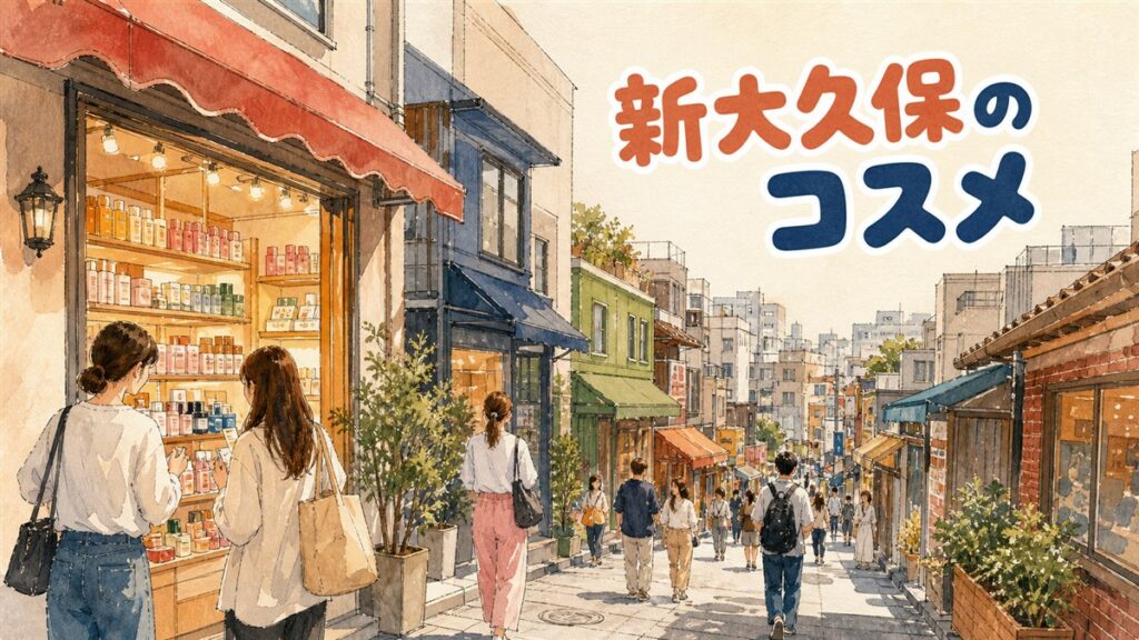 新大久保の大久保通りに韓国コスメ店の看板が並ぶ通りの様子
