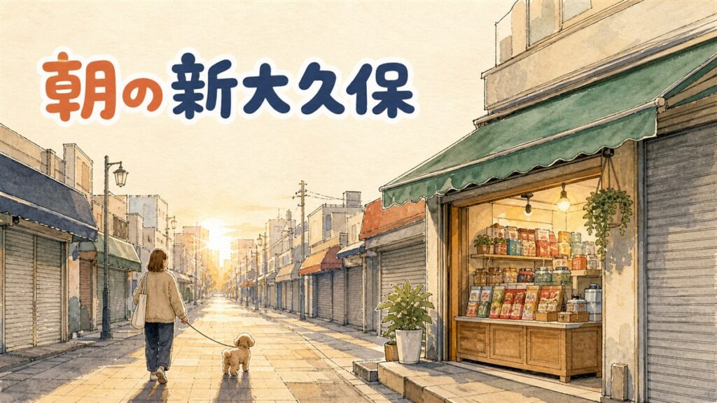 朝の新大久保、大久保通りに人がまばらな早朝の情景