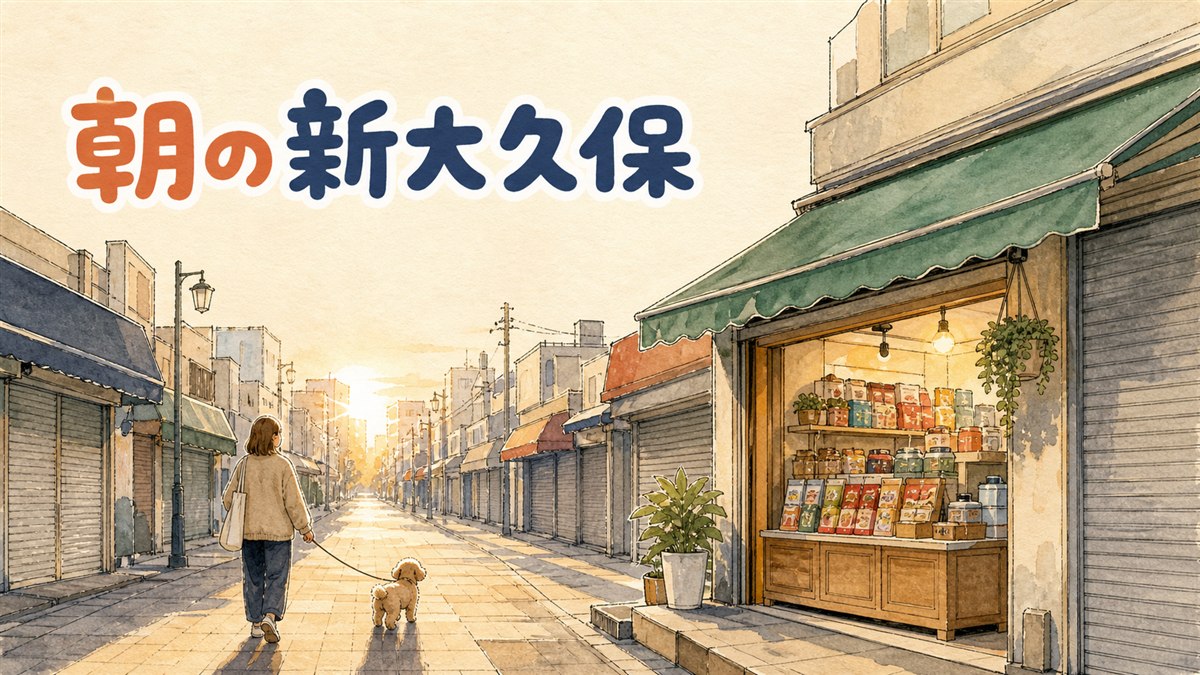 朝の新大久保、大久保通りに人がまばらな早朝の情景