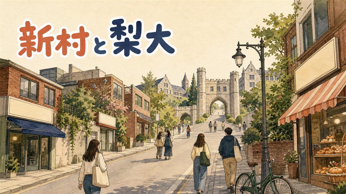 新村駅前のロータリー付近で地図アプリを見る旅行者と、奥に大学の門が見える情景