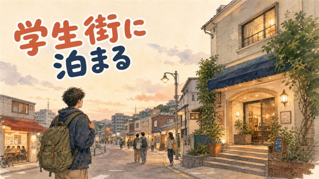 新村駅前の夜、学生街らしい静かな通りに小さなホテルの明かりが灯る風景