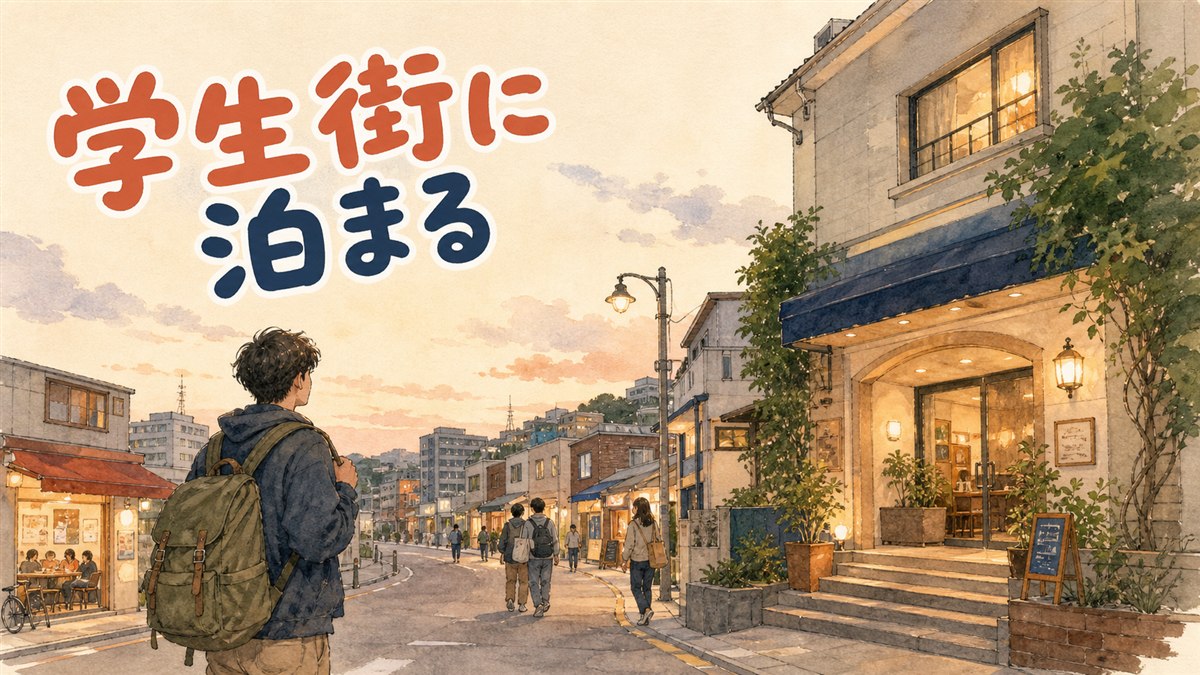 新村駅前の夜、学生街らしい静かな通りに小さなホテルの明かりが灯る風景