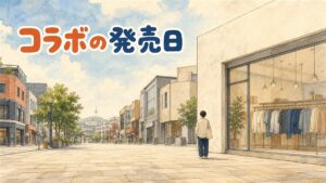 ソウルの通りに面した衣料品店の店先を、通りの向かいから眺めた水彩の情景