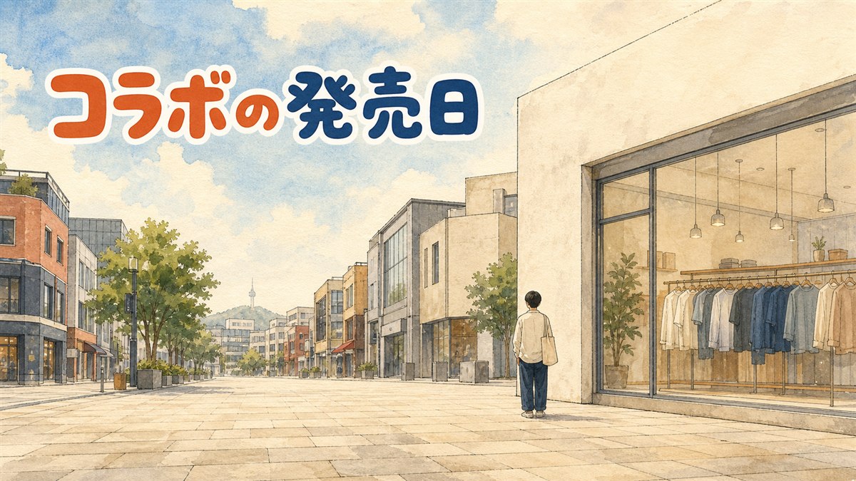 ソウルの通りに面した衣料品店の店先を、通りの向かいから眺めた水彩の情景