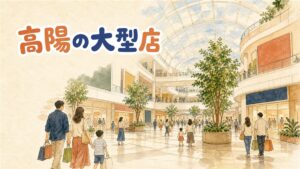 北漢山を背景にしたガラス張りの大型複合施設の外観に、ショッピングバッグを持った家族連れが向かっている様子