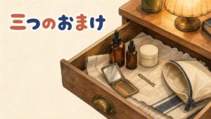 引き出しを開けた中に並ぶスポイト式の美容液2本とクリームの容器、隣にくし鏡・ヘアピン・無地のポーチ