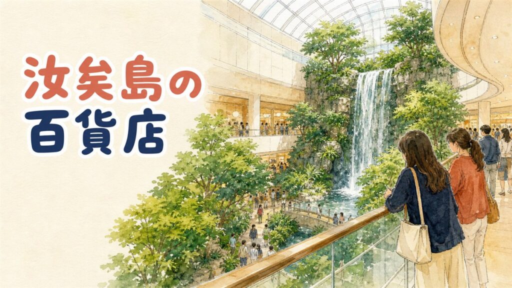 ザ・現代ソウルの吹き抜けにある屋内庭園と滝を見上げる情景